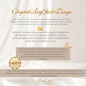 May include: A digital notice titled Original AriyStudio Design with text stating that designs are copied by other shops. It includes an envelope icon, a megaphone icon, and a gold circular badge reading The Original Design by AriyStudio.