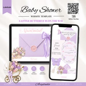 Puede incluir: Una plantilla de sitio web para baby shower que presenta un sobre color lavanda con un sello de cera de mariposa, un osito de peluche con flores y un cochecito de bebé vintage. El diseño incluye texto como Baby Shower, A Little Butterfly Is On The Way y You're invited, mostrado en una pantalla de tableta y teléfono inteligente.