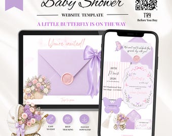 Little Butterfly Baby Shower Invitation Digital Website Purple Floral Lavender RSVP