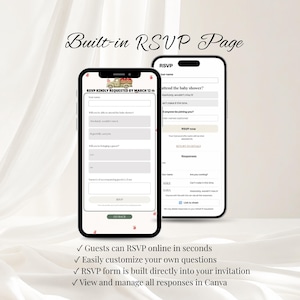 Pode incluir: Dois smartphones exibindo uma p&aacute;gina de RSVP digital para um ch&aacute; de beb&ecirc;. As telas mostram campos para nomes de convidados, status de presen&ccedil;a e um bot&atilde;o RSVP. Uma pequena ilustra&ccedil;&atilde;o de um caminh&atilde;o com itens vermelhos est&aacute; no topo.