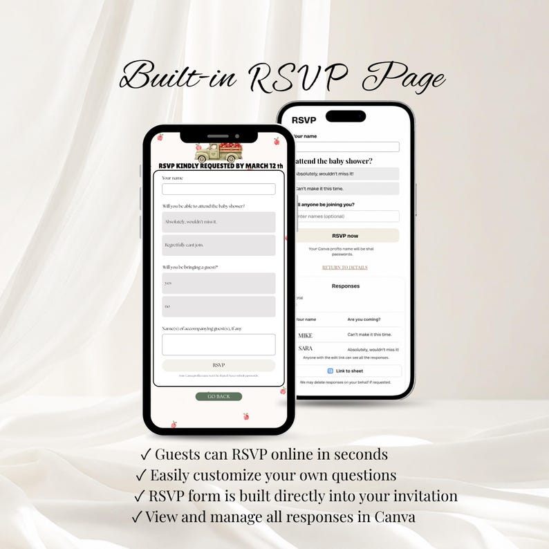 Pode incluir: Dois smartphones exibindo uma p&aacute;gina de RSVP digital para um ch&aacute; de beb&ecirc;. As telas mostram campos para nomes de convidados, status de presen&ccedil;a e um bot&atilde;o RSVP. Uma pequena ilustra&ccedil;&atilde;o de um caminh&atilde;o com itens vermelhos est&aacute; no topo.