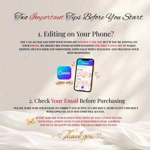 May include: An instructional graphic titled Two Important Tips Before You Start. It advises using the Canva app for mobile editing and verifying your email address at checkout to ensure proper access to digital files after purchase.