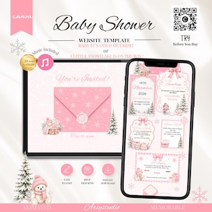 May include: A digital baby shower website template featuring a pink envelope with snowflake patterns, a wax seal, and a mobile phone display showing event details, dates, and winter-themed graphics including a teddy bear and pine trees.