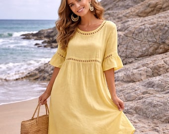 Casual Crew Neck A-Line Dress with Three Quarter Sleeves – Summer Style