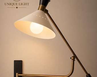 Lámpara de pared de latón con brazo oscilante / Aplique de pared de estilo moderno de mediados de siglo / Lámpara de lectura industrial para mesita de noche / Lámpara de pared cónica en blanco y negro