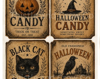 May include: A set of four rectangular vintage-style labels with beige backgrounds and black text. The labels feature illustrations of a jack-o'-lantern, a witch's hat, a black cat, and a crow with a house, all labeled as Halloween candy.