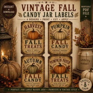 Può includere: Quattro etichette rettangolari per barattoli di caramelle in stile vintage con temi autunnali. Ogni etichetta presenta un'illustrazione di zucca e testo che include Harvest Fall Treats, Pumpkin Fall Candy, Autumn Fall Candy e Pumpkin Patch Fall Treats su sfondo beige.