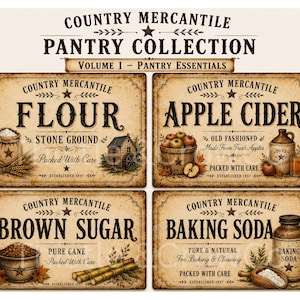 May include: A set of four rectangular signs titled Country Mercantile Pantry Collection Volume 1. The signs feature black text and illustrations for Flour, Apple Cider, Brown Sugar, and Baking Soda on a beige background with star accents.