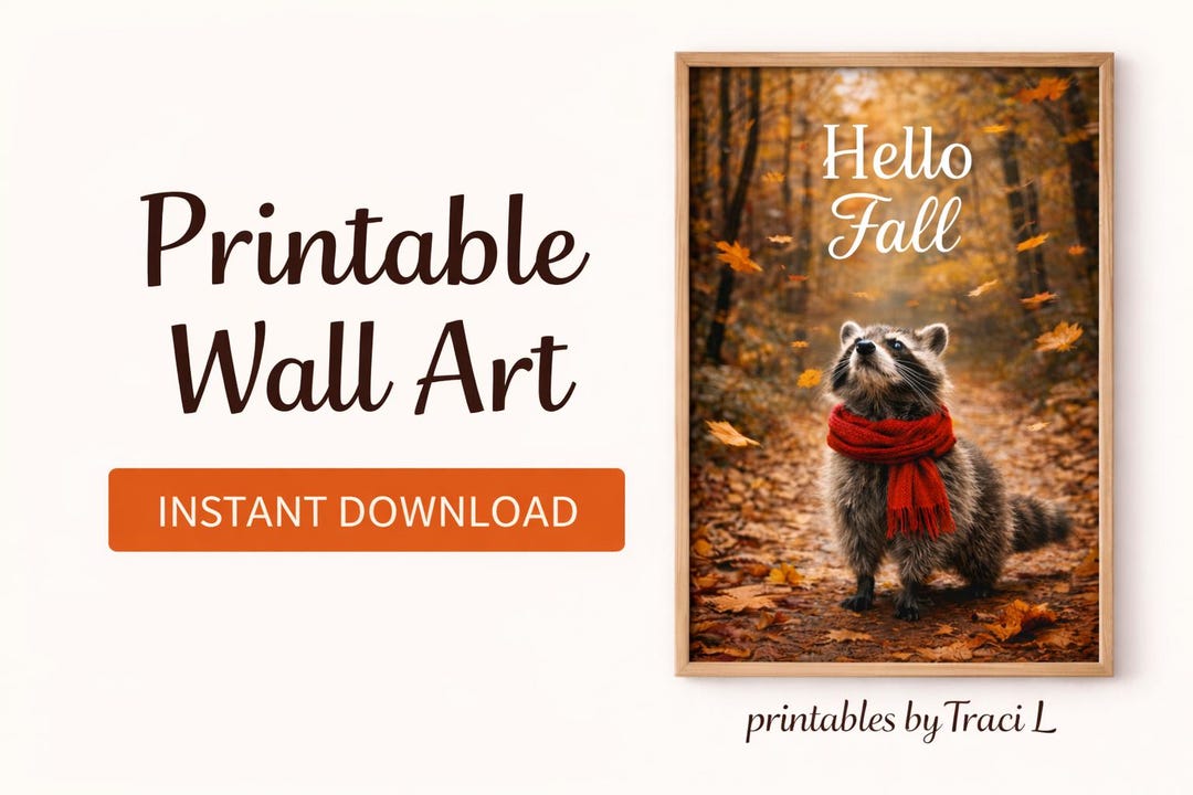 Fall Racoon Decor Hello Fall Raccoon Printable Wall Art, Rustic, Fall Decor, Instant ...