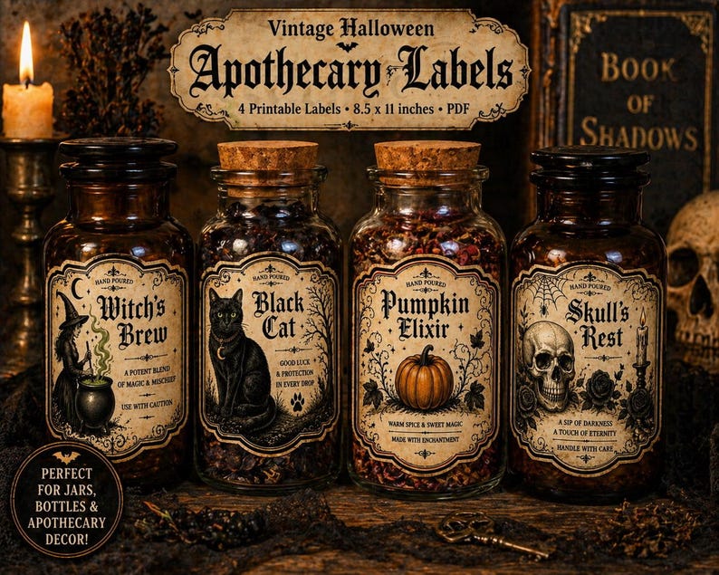 Vintage Halloween Apothecary Labels Printable, Witch Black Cat Pumpkin ...