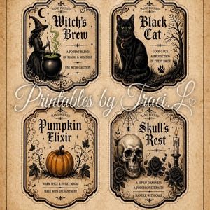 May include: Four rectangular labels with ornate borders on aged parchment paper. The labels feature illustrations of a witch with a cauldron, a black cat, a pumpkin, and a skull with a candle, accompanied by text including Witch's Brew, Black Cat, Pumpkin Elixir, and Skull's Rest.