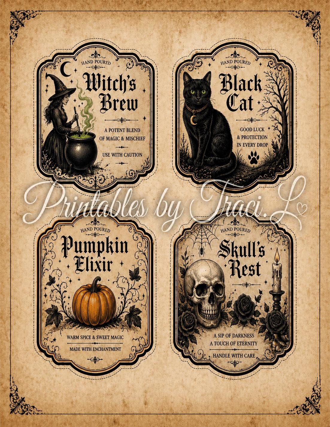 Vintage Halloween Apothecary Labels Printable, Witch Black Cat Pumpkin ...
