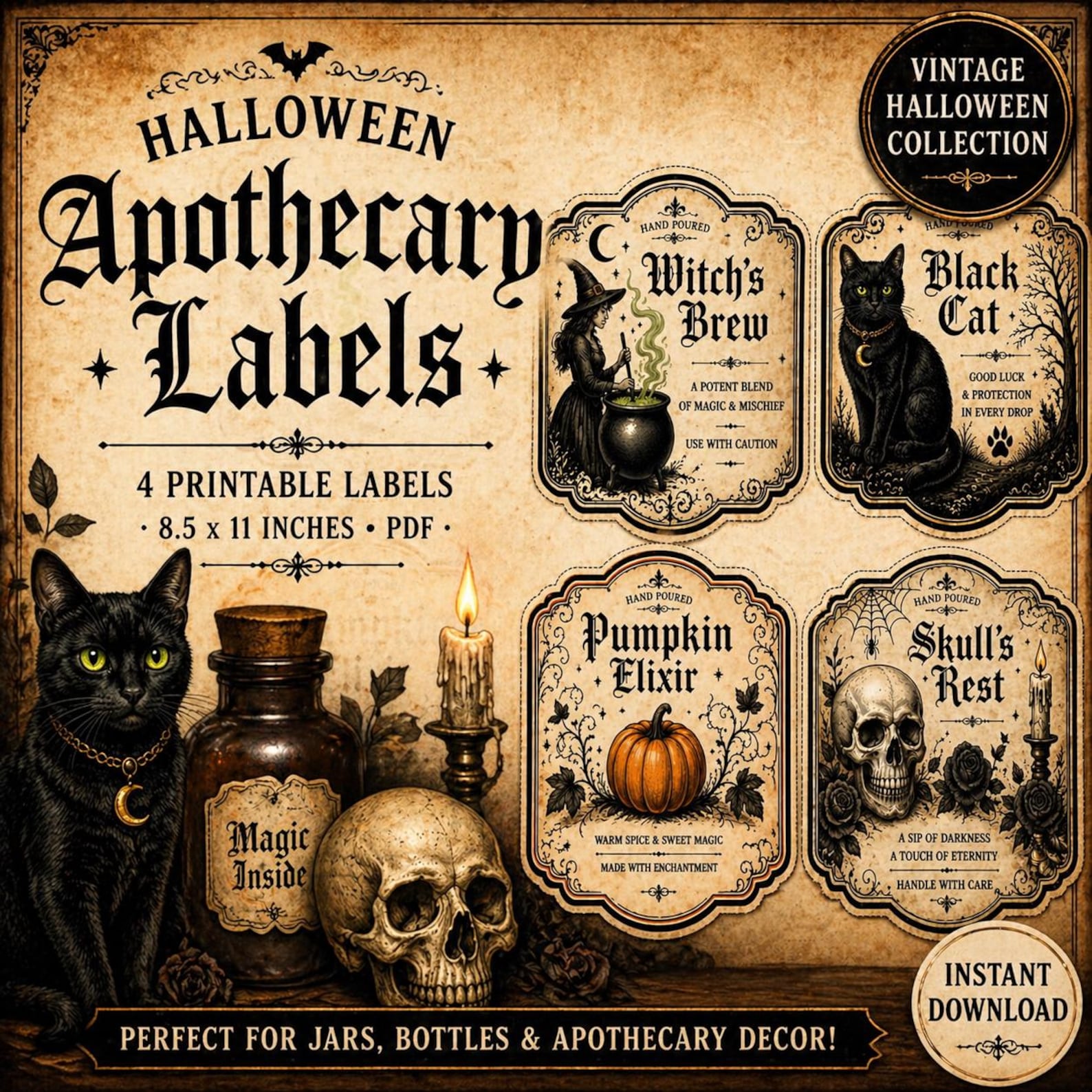 Vintage Halloween Apothecary Labels Printable, Witch Black Cat Pumpkin ...