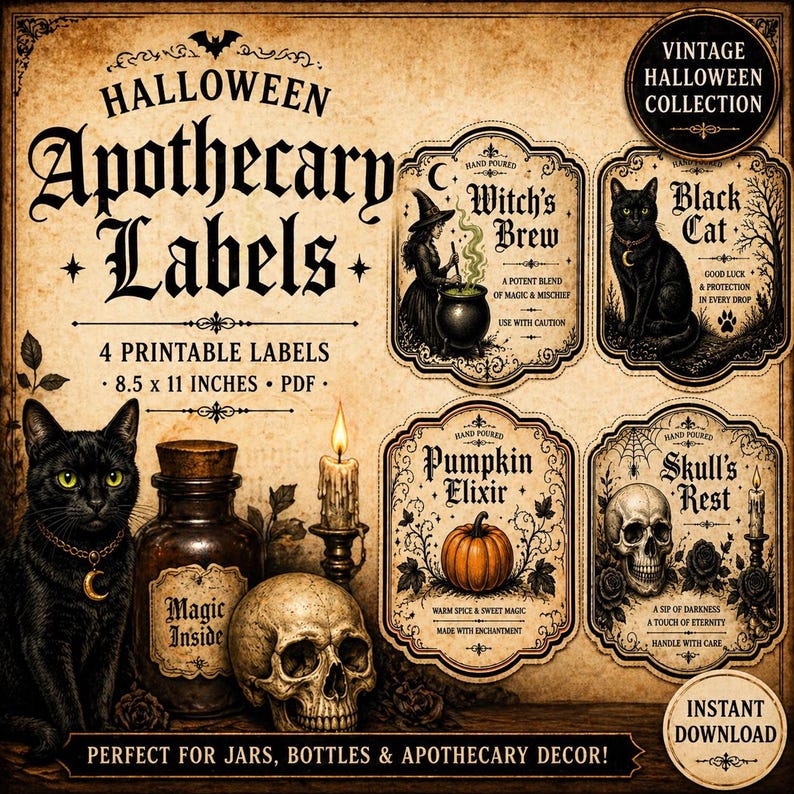 Vintage Halloween Apothecary Labels Printable, Witch Black Cat Pumpkin ...
