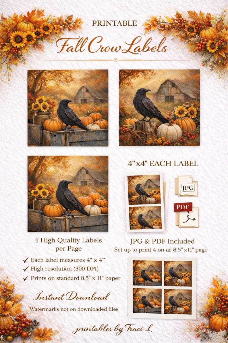 Fall Crow, Jar, Labels Printable, Vintage Barn, Pantry Decor, Instant ...