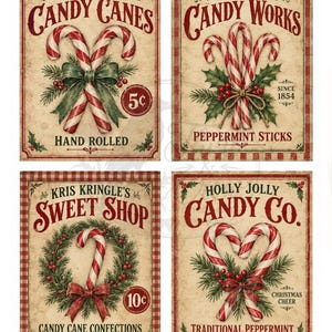 May include: Four rectangular signs featuring vintage-style Christmas candy cane illustrations. Text includes Old Fashioned Candy Canes, North Pole Candy Works, Kris Kringle's Sweet Shop, and Holly Jolly Candy Co. with red and white striped accents.
