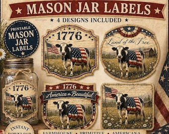 Patriotique, pot Mason, étiquettes imprimables, décor vache Americana, téléchargement immédiat de style primitif 1776
