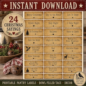 May include: A digital sheet of 24 rectangular Christmas labels with a vintage tan paper texture. Each label features black text with holiday phrases like Merry Christmas, Joy to the World, and Let It Snow, accented by small star, heart, or tree icons.