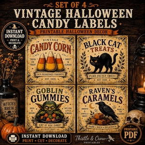 May include: A set of four vintage Halloween candy labels featuring illustrations of candy corn, a black cat, a goblin with gummies, and a raven with caramels. The labels include text such as Candy Corn, Black Cat Treats, Goblin Gummies, and Raven's Caramels.