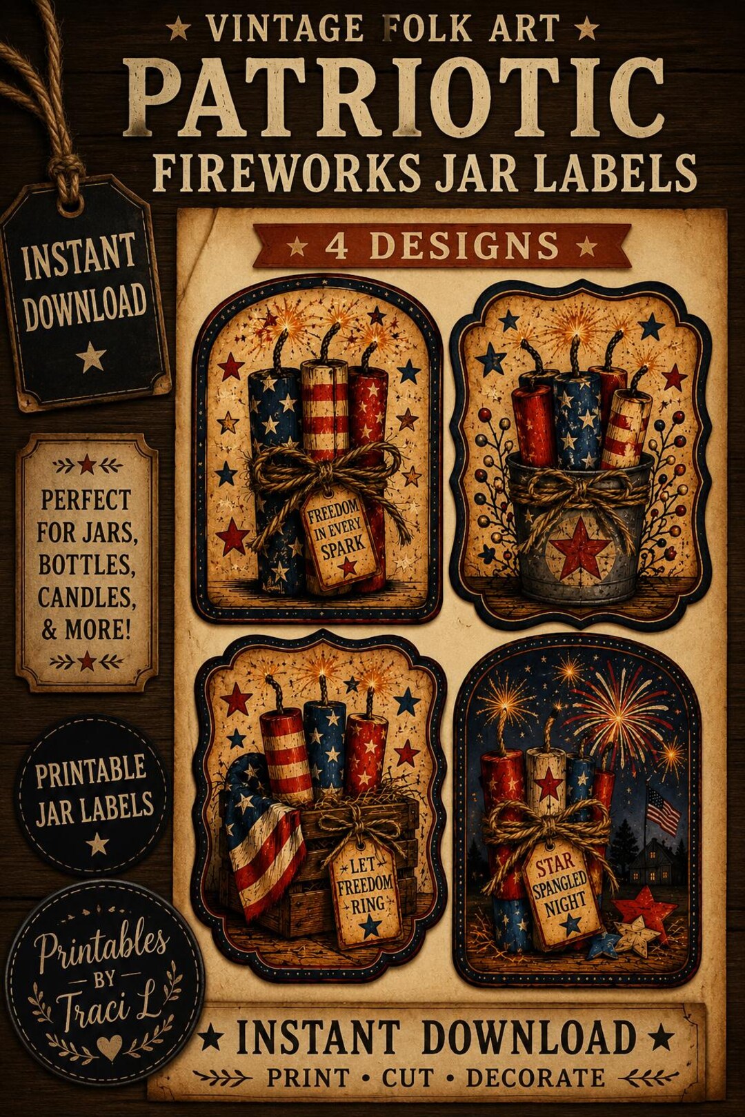 Primitive Patriotic Fireworks Jar Labels Printable | Vintage Americana ...