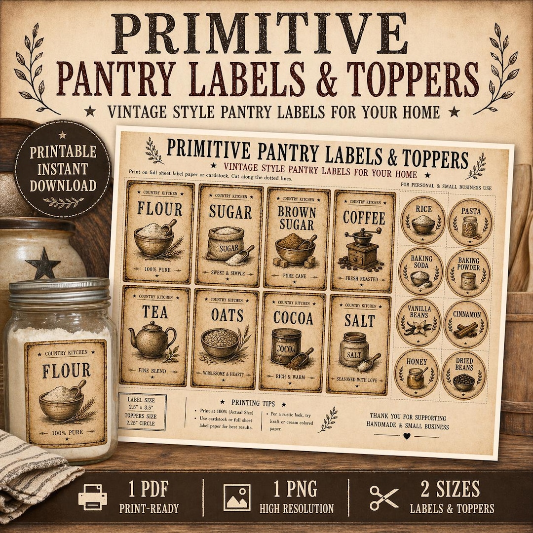 Primitive Pantry Labels – Rustic Farmhouse Jar Stickers (digital ...