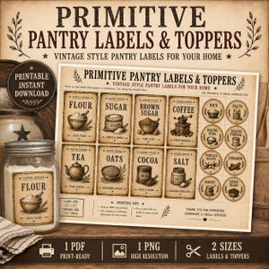 May include: A printable sheet of vintage-style pantry labels and circular toppers featuring illustrations of kitchen staples like flour, sugar, and coffee. The set includes rectangular labels measuring 2.5 by 3.5 inches and circular toppers.