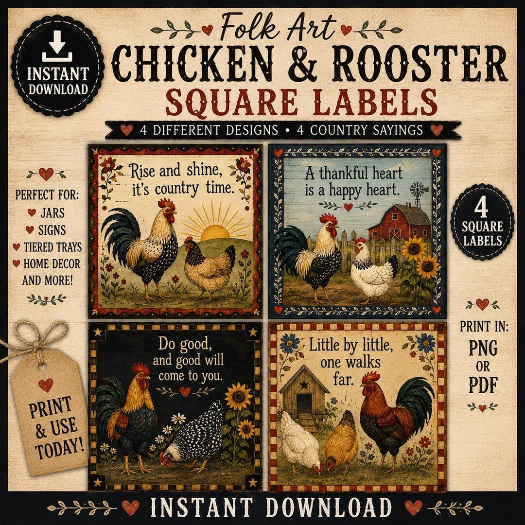 Country Chicken & Rooster Printable Labels | Primitive Farmhouse Decor ...