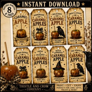 May include: A set of eight printable rectangular hangtags featuring vintage-style illustrations of caramel apples. Each tag includes text such as Caramel Apple, Homemade, Delicious, and Trick or Treat, accented with crows, stars, and witch hats.