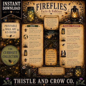 May include: A printable wall art poster titled Fireflies Facts & Folklore, featuring vintage-style illustrations of glowing jars, a lantern, and fireflies. The text provides educational facts and cultural traditions about fireflies on a dark, aged paper background.