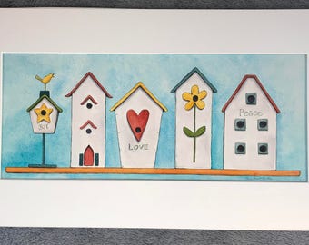 Five Birdhouses Watercolor Painting