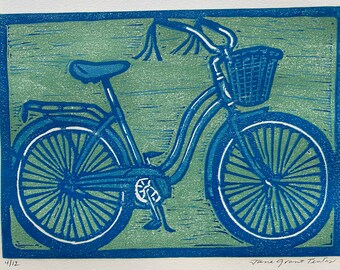 Blue Bicycle Block Print