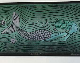 Go With The Flow, Mermaid Block Print