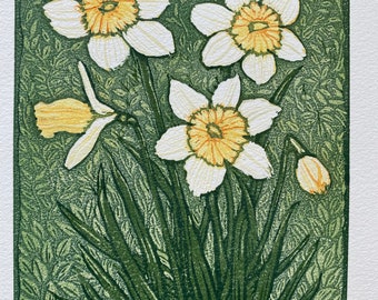 Daffodils Yellow and White Reduction Block print