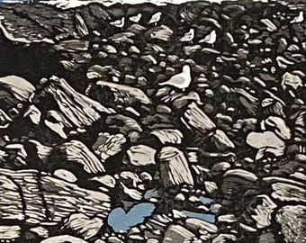 Rocks at Jenness, Rye, NH Reduction Block Print