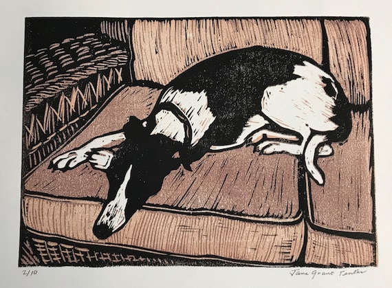 Whippet Dog Block Print: Black and White Sleeping Puppy Art