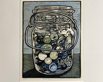 Ball Jar with Marbles Block Print