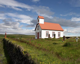 Icelandic Country Church III, Old Church Graveyard, Country Church, Iceland, Vintage Church Photography, Red Roof