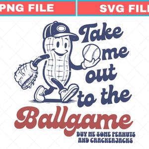 Può includere: Un design grafico con un personaggio di arachidi sorridente con berretto e guanto da baseball, che tiene una palla da baseball. Il testo recita "Take me out to the Ballgame" e "Buy me some peanuts and Crackerjacks."