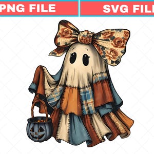 May include: A ghost illustration featuring a large bow with a rose pattern on its head, wearing a patchwork-style sheet with blue, orange, and cream fabric segments. The ghost holds a dark grey jack-o'-lantern bucket. Text reads PNG FILE and SVG FILE.