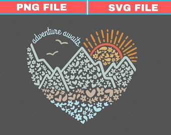 Adventure Awaits Mountains Heart SVG, Nature Lover Hiker PNG (Digital Download)