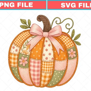 May include: A digital illustration of a pumpkin featuring a patchwork design with orange, pink, and green fabric patterns, a brown stem, and a light pink bow. The top of the image displays the text PNG FILE and SVG FILE in white on red bars.
