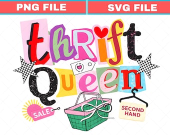 SVG de Thrift Queen, PNG de compras de segunda mano, gráfico estilo boutique (descarga digital)