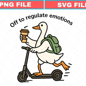 Puede incluir: Ilustración de dibujos animados de un ganso blanco montando un scooter negro, sosteniendo una taza de café y usando una mochila verde. El texto "Off to regulate emotions" está arqueado sobre el ganso.