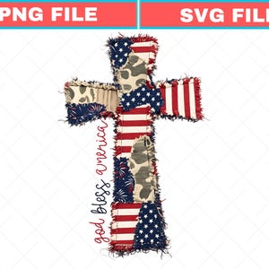 May include: A cross design with a patchwork of American flag, camouflage, and navy blue star patterns. The cross has a frayed, textured appearance. The words "god bless america" are written in a cursive font.