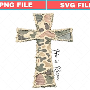 May include: A cross-shaped design with a camouflage pattern in shades of green, brown, and beige. The edges have a frayed, textured appearance. The words "He is Risen" are written in a script font on the right side.