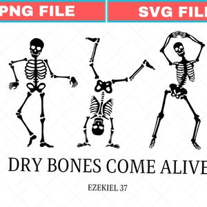 May include: A digital graphic featuring three black skeleton figures in various dancing poses. The text "DRY BONES COME ALIVE" is printed in black capital letters below the skeletons, followed by the smaller text "EZEKIEL 37" centered underneath.