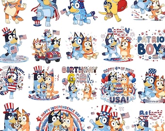 4th of July Bluey PNG Bundle, Patriotic Bluey Dog Clipart, USA Flag Cartoon Dog Png, Bluey Birthday Png, Kids Party Decor, Digital Download