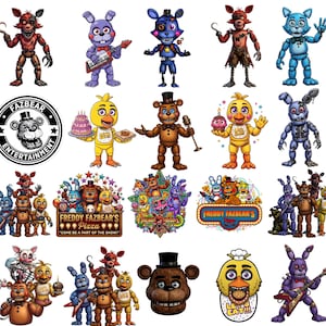 Puede incluir: Una colección de imágenes de personajes de dibujos animados coloridos de la serie de videojuegos, Five Nights at Freddy's. Las imágenes incluyen varias figuras animatrónicas, logotipos y elementos de texto, como "Freddy Fazbear's Pizza."