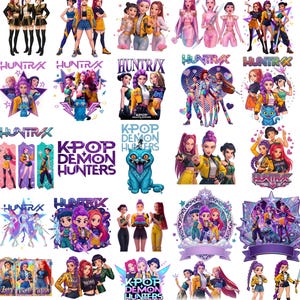May include: A collection of colorful digital illustrations featuring groups of stylized female characters in various poses. The artwork includes the text "HUNTRAX" and "K-POP DEMON HUNTERS" in different designs. The images have a vibrant and dynamic aesthetic.