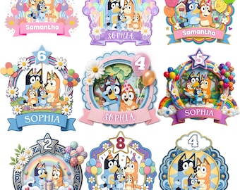 Adorno editable para pastel de cumpleaños de Bluey, decoración para fiestas de cumpleaños infantiles, familia de perros de dibujos animados, imprimible de cumpleaños de Bluey, descarga digital